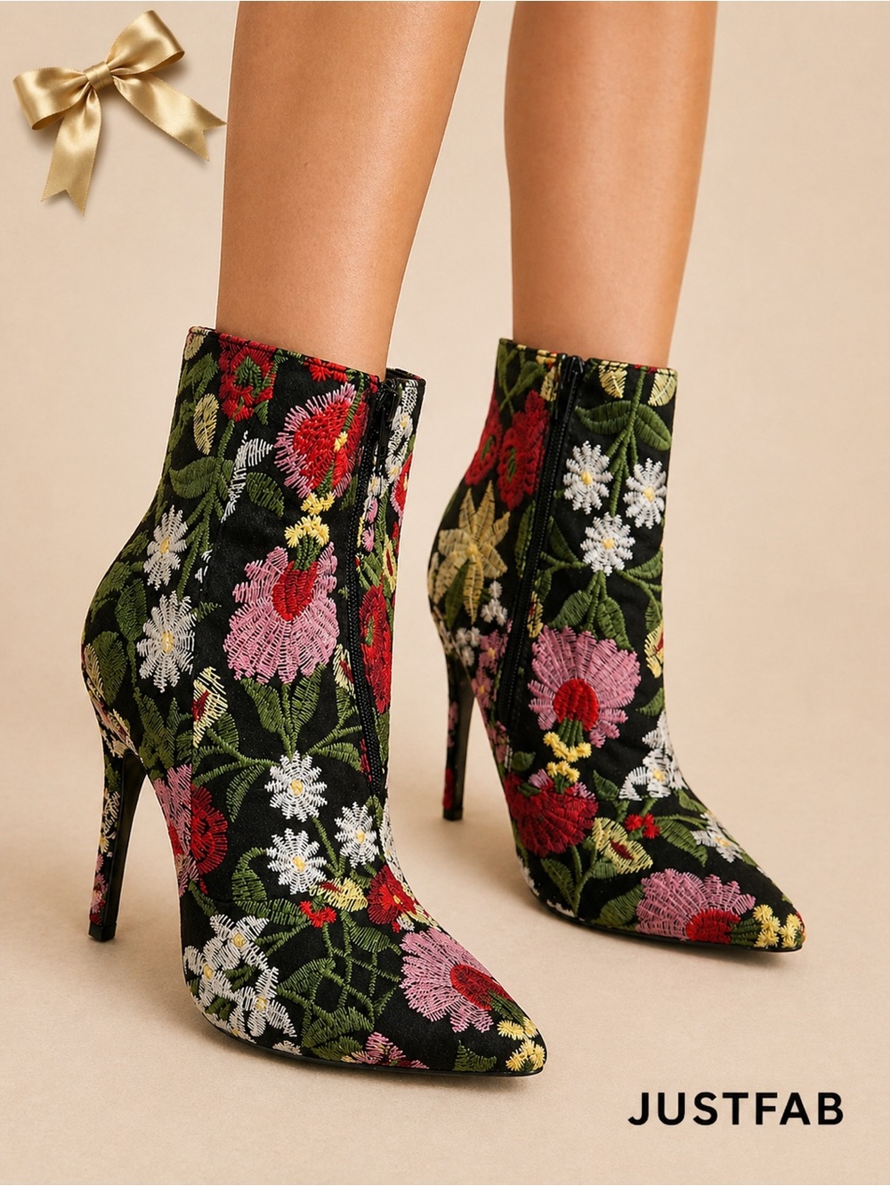JustFab Maxime Floral Embroidered Pointed Toe Stiletto Ankle Boots 10